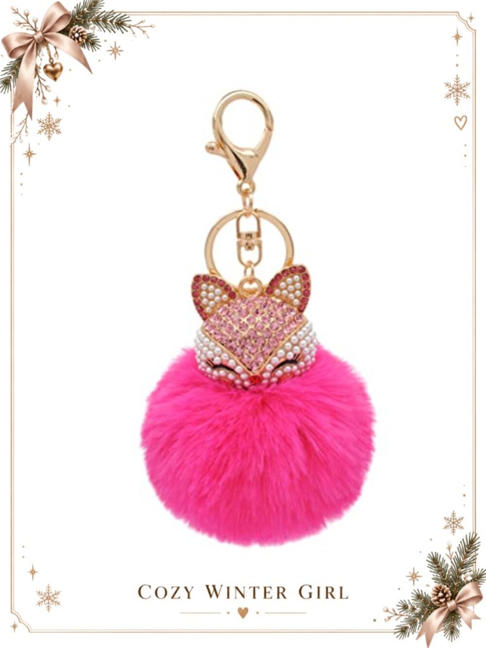 Faux Rabbit Fur Pom Pom Keychain Fox Head Pearl Rhinestone Bag Charm